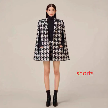 Houndstooth Woolen Cape Coat Shorts