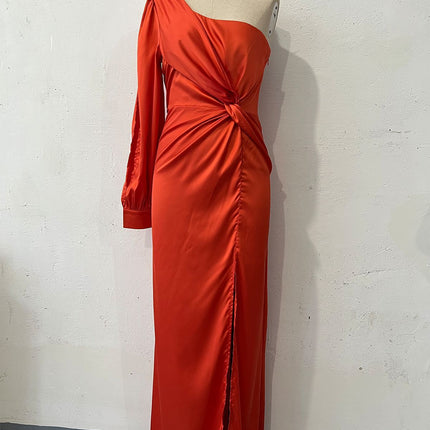 Women's One-shoulder Split Dress Ins Fashion Long-sleeved Slim Long Dresses Party Evening Clothing