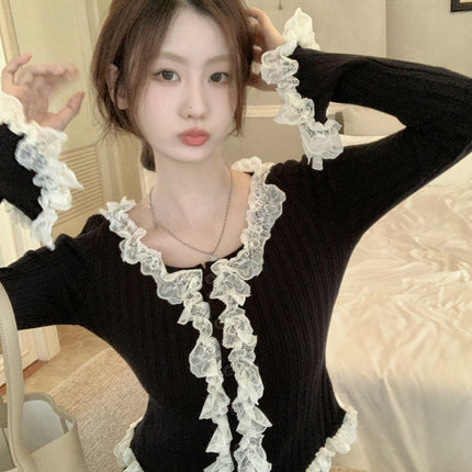 Women Lace Patchwork Black Fungus Edge Knitted Cardigan Jacket