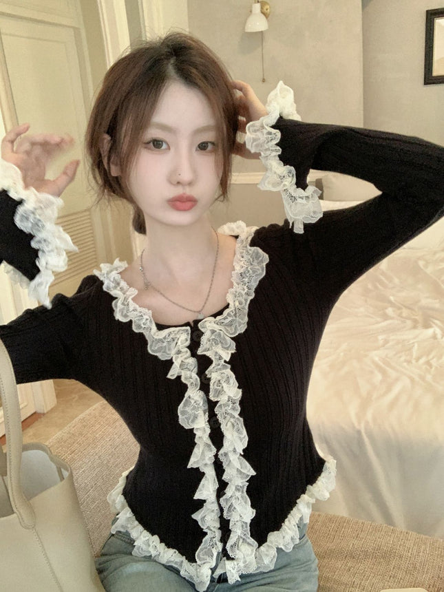 Women Lace Patchwork Black Fungus Edge Knitted Cardigan Jacket