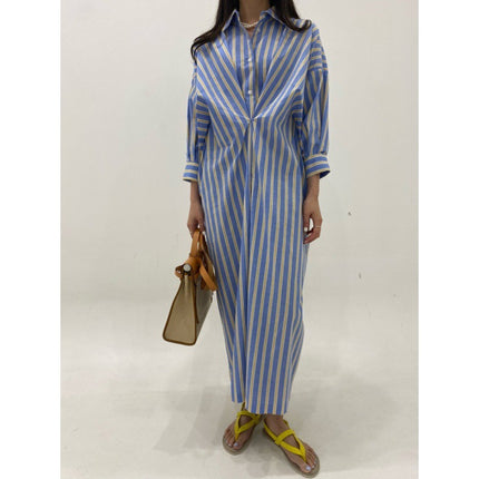 Contrast Color Striped Pleated Design Loose Casual Long Sleeves Shirt Dress