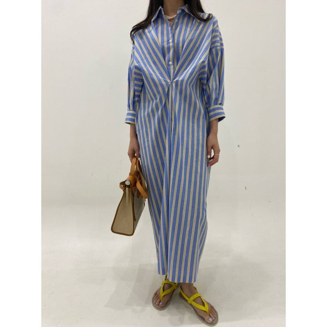 Contrast Color Striped Pleated Design Loose Casual Long Sleeves Shirt Dress