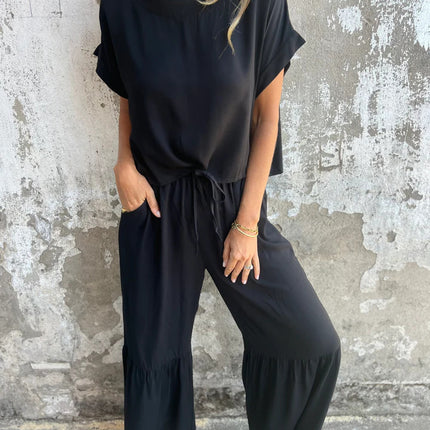 Short-sleeved Suit Summer Round Neck Pullover Top And Drawstring Wide-leg Pants Fashion Set For Women Clothing