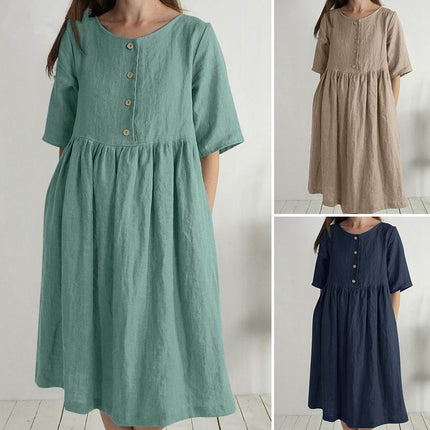 Cotton Linen Round-neck Loose Casual Solid Color Pocket Dress