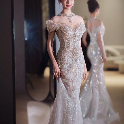 Fishtail Light Wedding Dress Bride Toasting Gown