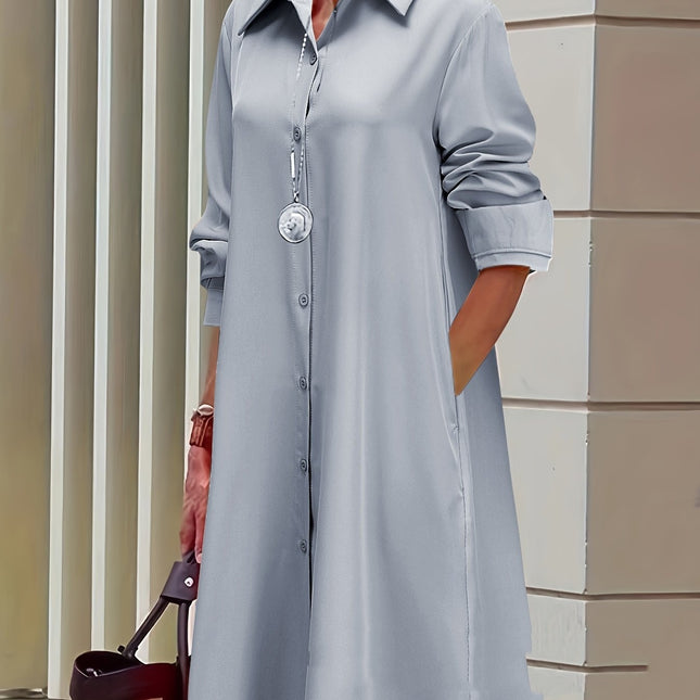 Temperament 3d Printed Shirt Collar Long Sleeve Mid-length Dress