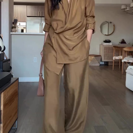 Wrap-style Satin Blouse And Wide-leg Pants Set