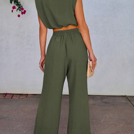 Women Solid Color Sleeveless Top And Long Pants 2-Piece Set For Vacation