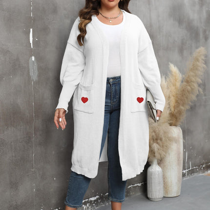 Women's Plus Size Mid-length Woven Love Double Pocket Lantern Sleeve Sweater Cardigan