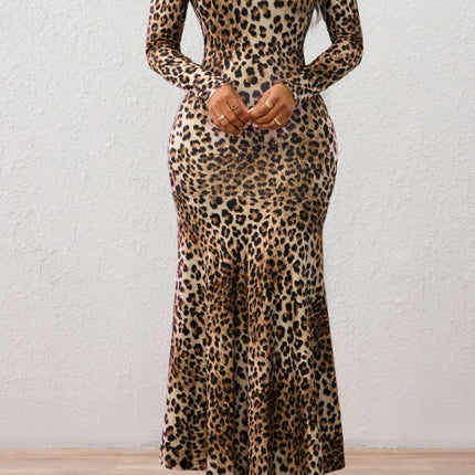 Ladies' Leopard Print One Neck Off Shoulder Slim Fit Bag With Wide Hips, Relaxed Flower Petal Skirt Hem, Date Party Party Dress