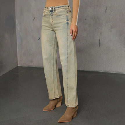 American Stretch High Street Straight Nostalgic Retro Blue Women's Denim Trousers