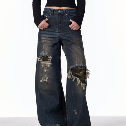 Distressed Camouflage Patch Ripped Jeans Women Loose Straight-leg Wide-leg Pants
