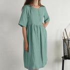 Cotton Linen Round-neck Loose Casual Solid Color Pocket Dress