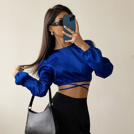 New Lace-up Backless Design Sense Short Section Sexy Navel Long-sleeved Tops Europe And The United States Women Blouses