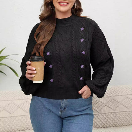 Women's Woven Sweater Plus Size Half-turtleneck Lantern Sleeve Flower Sweater