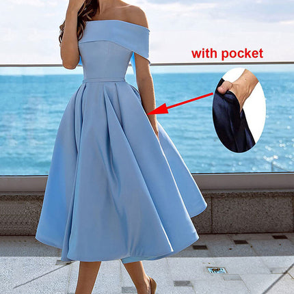 Women's Fashion Casual Strapless Satin Party Dress Off The Shoulder Tea Length Satin Prom Dresses With Pockts Formal Evening Party Dress