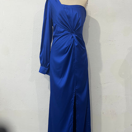 Women's One-shoulder Split Dress Ins Fashion Long-sleeved Slim Long Dresses Party Evening Clothing