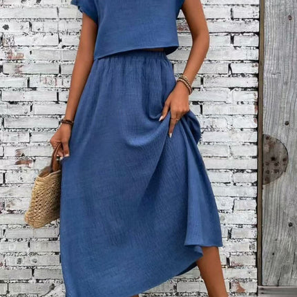 2 Piece Set Women's Solid Color Short Sleeve Top And Casual A- Line Dress Suit