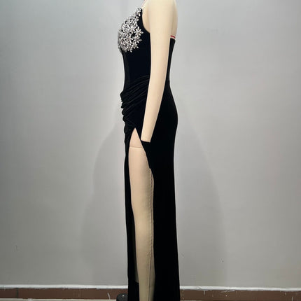 Women's Black Bandeau Slim-fit Hot Drilling Long Dress