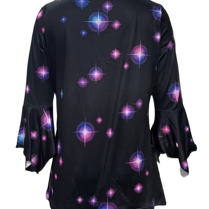Spring And Autumn New Printed Spike Button Irregular Three-quarter Sleeve T-shirt Casual Top