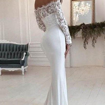 Fashion One Shoulder Lace Long Sleeve Dress Mopping Wedding Dress