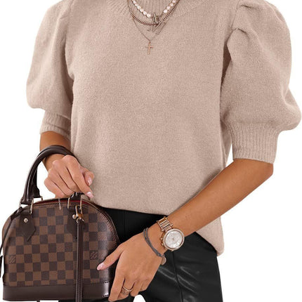 Half Turtleneck Lantern Sleeve Sweater Short Sleeve Pleated Sweater