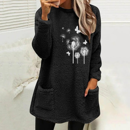 Women's Printed Round Neck Pullover Long Sleeve Pocket Double-sided Velvet Sweatshirt