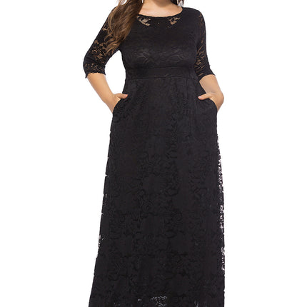 Plus Size Women New Hollow Lace Pocket Dress
