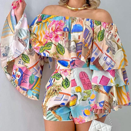 Women's Fashion Print Tops Shorts Set