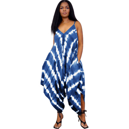 European And American Positioning Printing Fashion Loose Sleeveless Split Jumpsuit