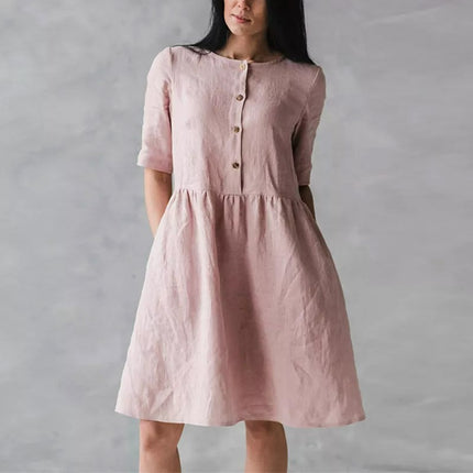 Cotton Linen Round-neck Loose Casual Solid Color Pocket Dress