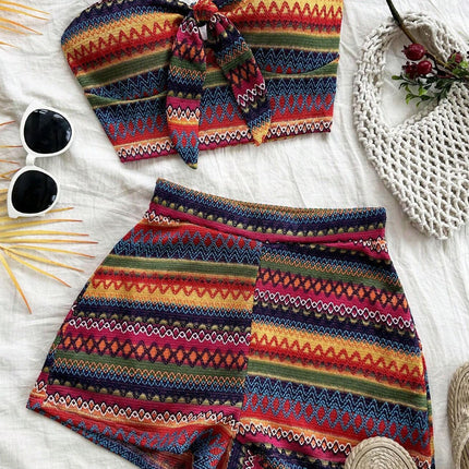 Women's Sexy 2pcs Set  Summer  Colorful Striped Elastic Suitable For Vacation And Daily Travel