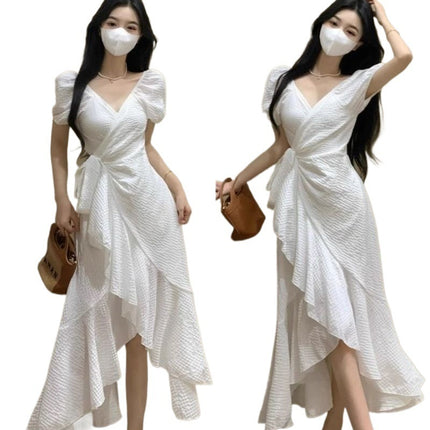 V-neck Dress Degrees Women's Waist Irregular Ruffled