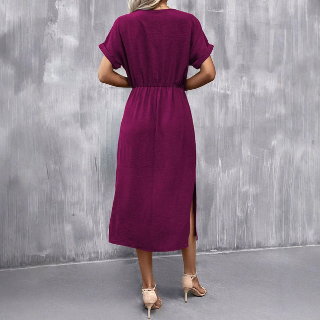Women's Solid Color Reverse Sleeve Flat Short Sleeve Crew Neck Split Dress