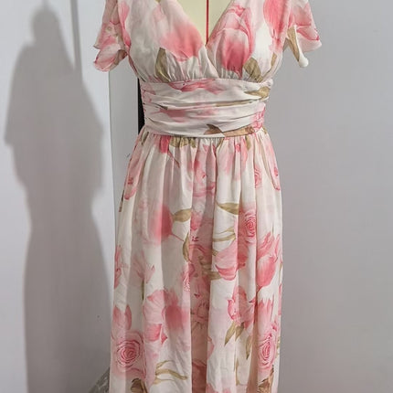 Short Sleeve V-neck Digital Printed Long Skirt Elastic Waist