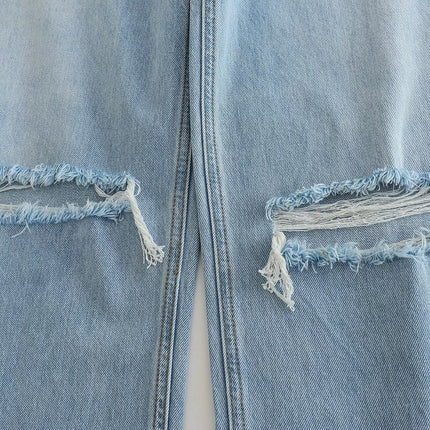Spring And Summer Women's Perforated Hole Decoration High Waist Wide Leg Jeans