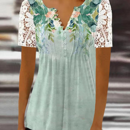 Women's Lace Lace Sleeve Pleated Solid Color Printing Button Short Sleeve