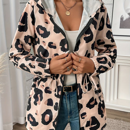 European And American Size Women's Casual Leopard Print Zipper Hooded Jacket Fashion Brand