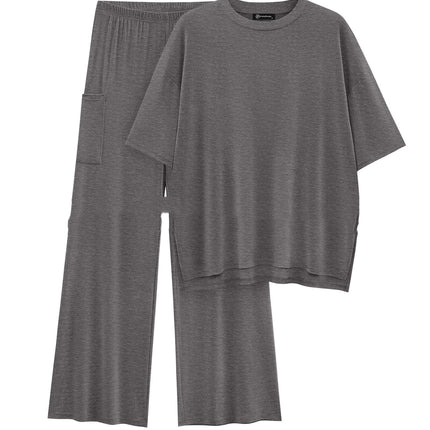 Casual Short Sleeve Pullover Top Wide Leg Pants Casual Suit