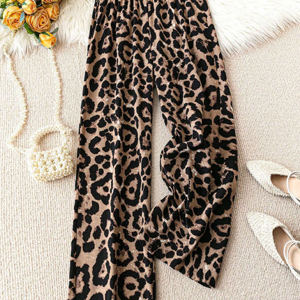 Women's Plus Size Leopard Print Wide-Leg Pants - Summer Casual Elastic Waist Long Trousers For Daily Wear