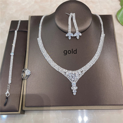 Fashion Luxury Rhinestone Earrings Necklace Ring Bracelet Four Piece Chain