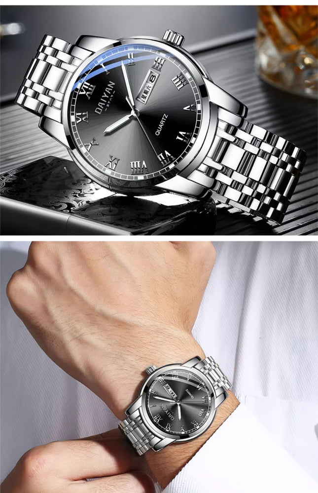 Stainless Steel With Double Calendar Quartz Watch Waterproof Luminous