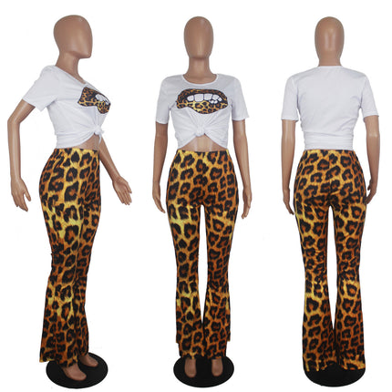 Leopard Print Lip Printings Bell-bottom Pants Two-piece Set