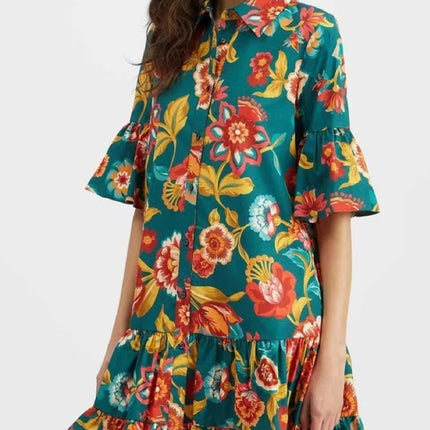 Women's Wear Bell Sleeve Printed Loose Casual Dress