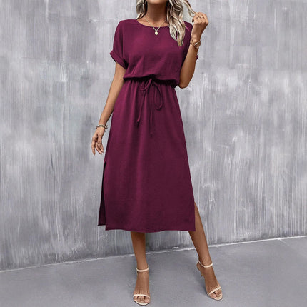 Women's Solid Color Reverse Sleeve Flat Short Sleeve Crew Neck Split Dress