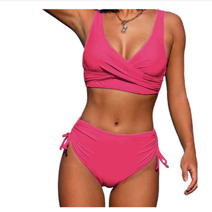 Bikini Solid Color Sexy Gathered Split High Waist Swimsuit With Rope