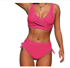 Bikini Solid Color Sexy Gathered Split High Waist Swimsuit With Rope