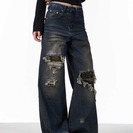 Distressed Camouflage Patch Ripped Jeans Women Loose Straight-leg Wide-leg Pants
