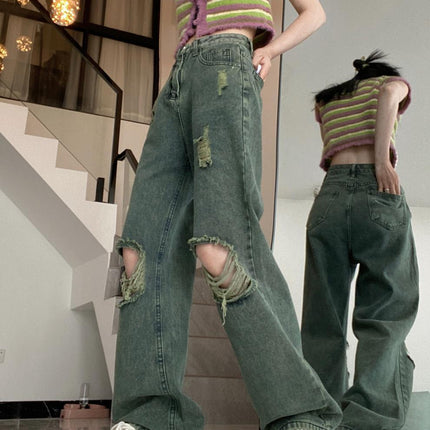 American Dark Green Torn Jeans With Wide Leg Pants For Women