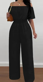 Elegant Off-Shoulder Short Sleeve Waist Cinch Jumpsuit - Solid Color, Machine Washable For Spring Summer Fall